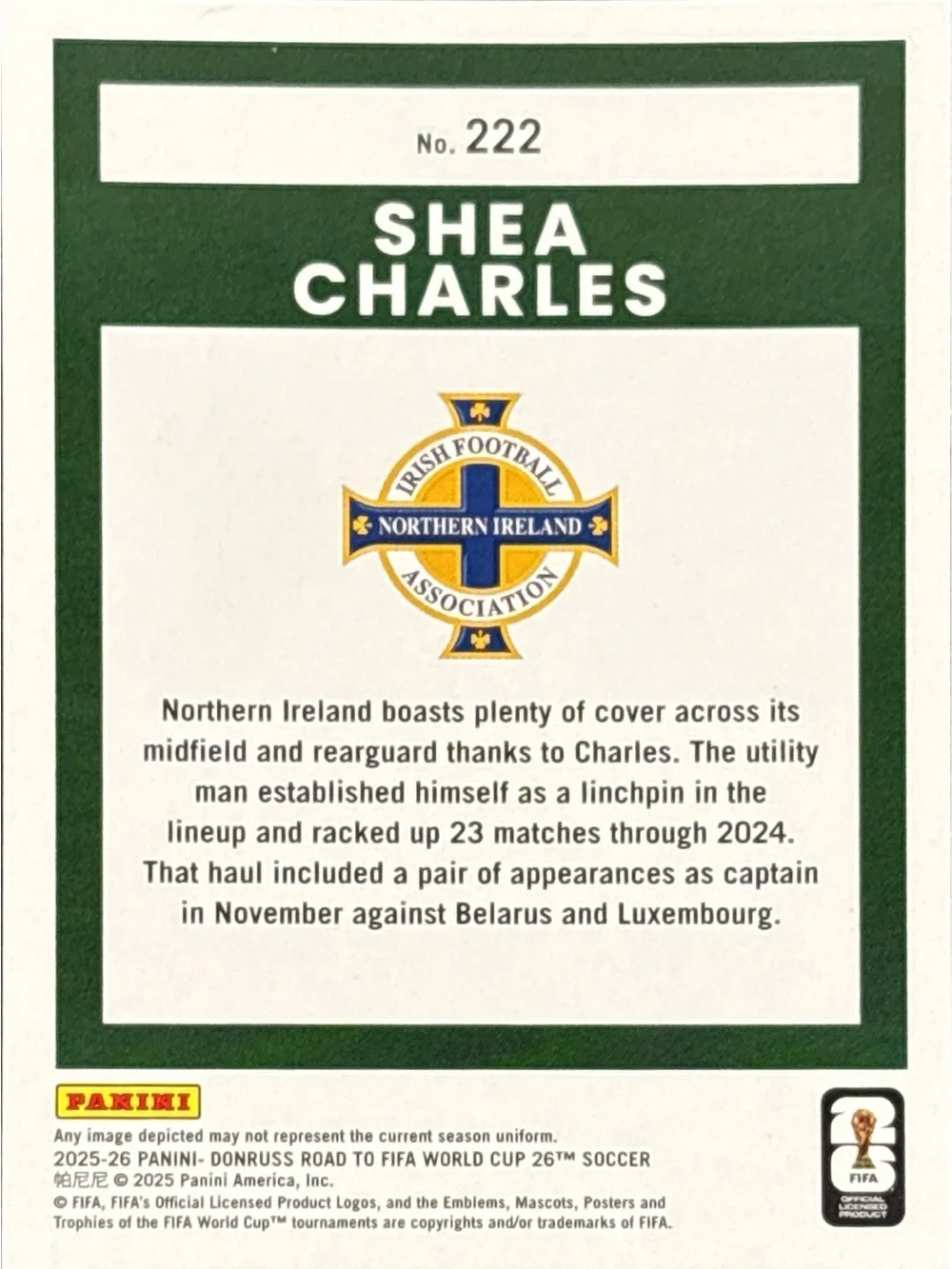 Panini Donruss Shea Charles World Cup Rookie Northern Ireland Soccer Card